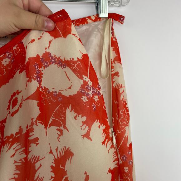 Armand Ventilo Floral Silk Midi Skirt orange red women's size 42 - Picture 6 of 12